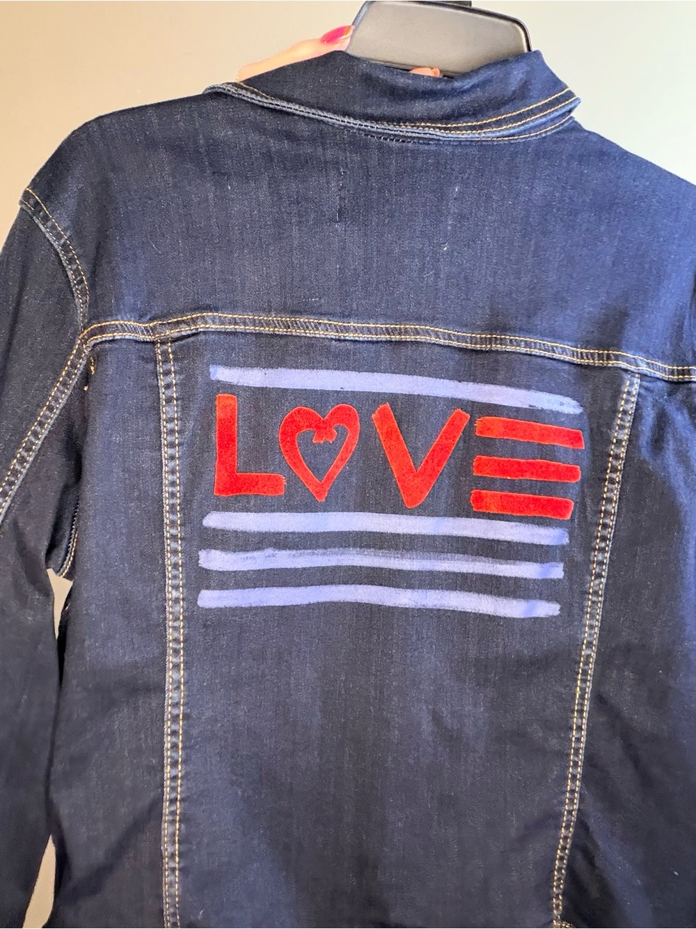 Dark Blue Denim Jacket with Red LOVE Graphic